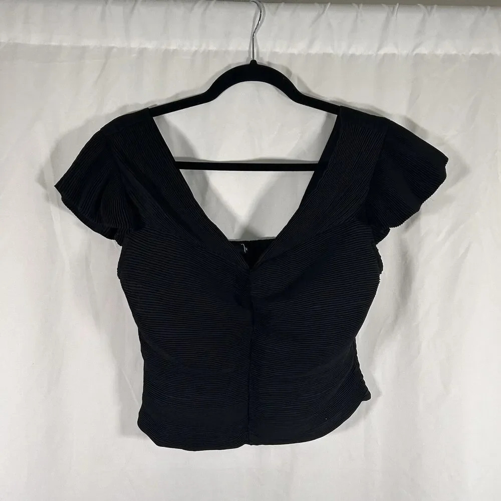 Express Blouse Women's Medium Black Vneck Cropped Stretchy Lightweight